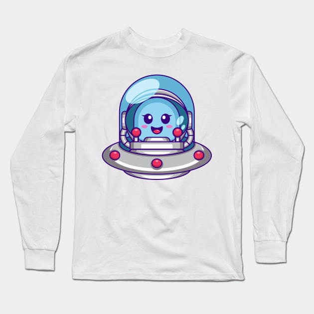 Cute alien head inside the astronaut helmet with ufo illustration Long Sleeve T-Shirt by Wawadzgnstuff